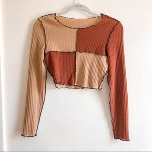 Brown Patchwork Raw Hem Long Sleeve Crop Top